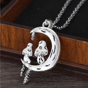 Silver Crescent Moon and Mushroom Pendant Necklace